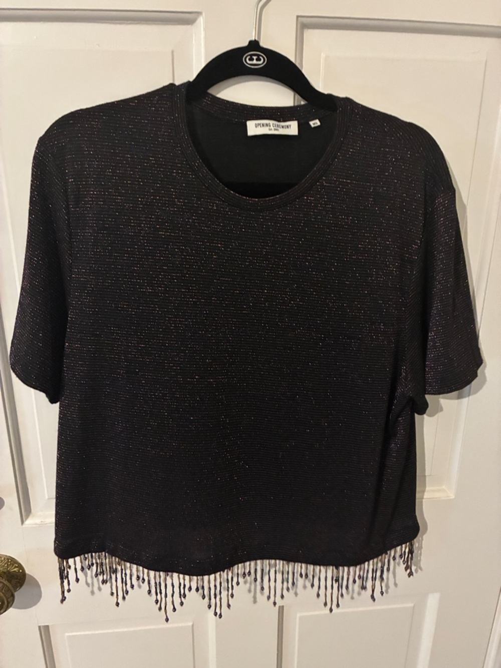 NWOT OPENING CEREMONY Women’s Black Sparkle Short Sleeve Beaded Fringe Hem Top - Picture 2 of 7